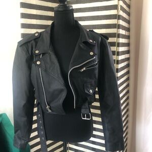 Cropped black, leather motorcycle jacket
